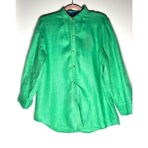 Ralph Lauren Emerald Linen Button Down Shirt: Embroidered Crest, Preppy Style